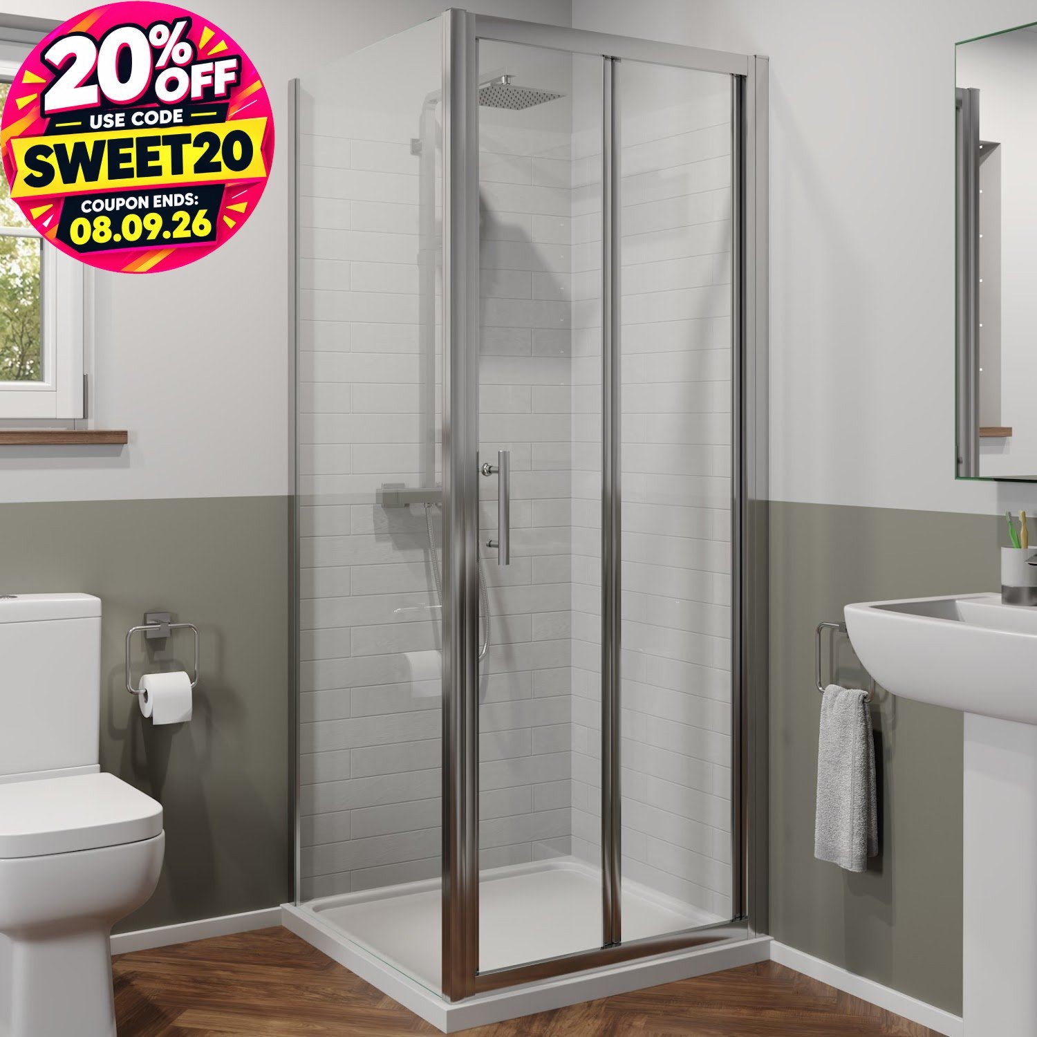 800mm x 800mm Bathroom Bi Fold Shower Door Enclosure Side Panel Framed 6mm Glass