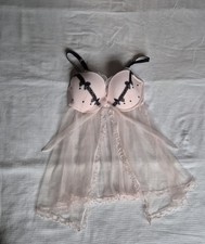 Victoria's Secret Pink Sheer Babydoll Lingerie, Black Bows Underwire,Women's 36D