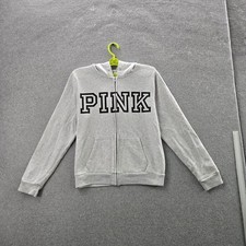 PINK Victoria's Secret Women Hoodie M Gray Fleece Text Activewear Logo READ