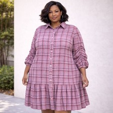 ASOS DESIGN Pink Plaid Long Sleeve Dress Plus Size 26