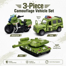 3 in 1 Kids Friction Powered Toy Military Vehicles Set w/ Tank Truck Motorcycle