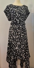 Vince Camuto Abstract Midi Handkerchief Hem Black Dress 14 Stretch Fit Flare 