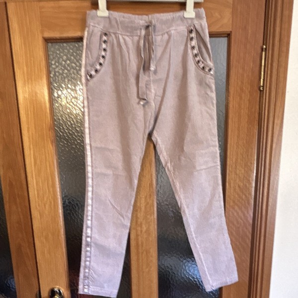 Italian Star Women's L/XL Beige Corduroy Jogger Pants Drawstring Eyelet Pockets