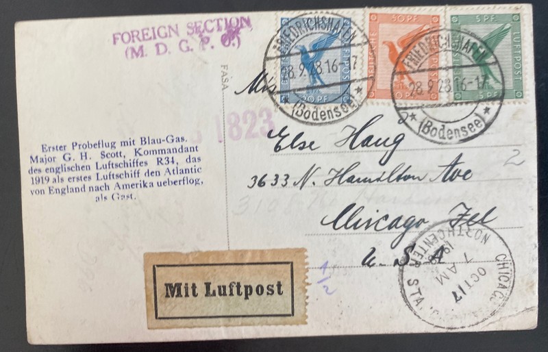 1928 Germany Graf Zeppelin LZ127 Flight RPPC Postcard Cover to Chicago iL USA Ai