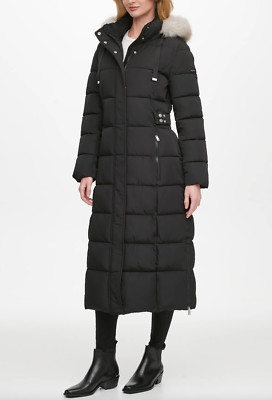 DKNY Womens Black Faux Fur Trim Hooded Maxi Puffer Coat V7915 Size Medium