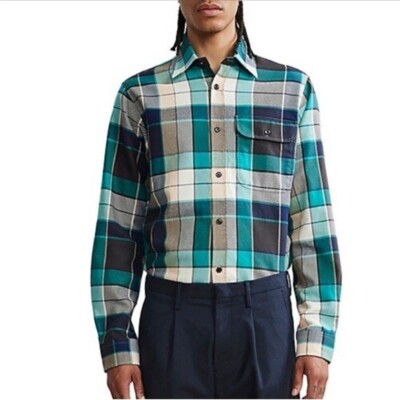 NN07 22.1 Alpha Plaid Shirt Size L green blue cream button down Cotton shirt