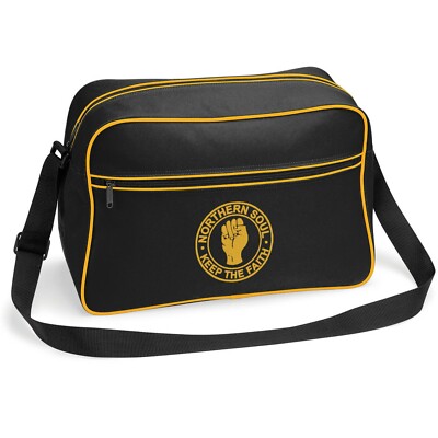 Unisex Northern Soul Retro-Schultertasche mit gesticktem Faustlogo. Mod. Ska