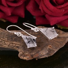 Mother's Day Gift Silver Jewelry With Kite Shape Black Rutile Dangle Earrings