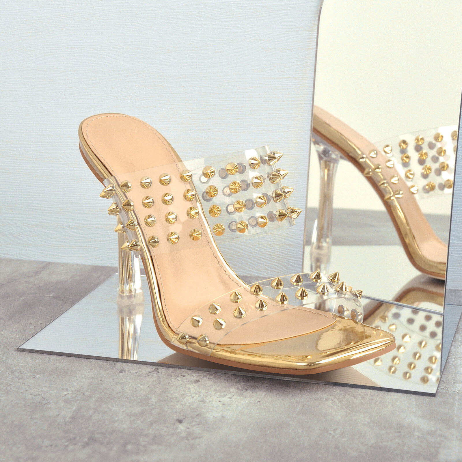 PANTOFOLA D’ORO Sandali donna rivetto tacco alto trasparente punta quadrata mules ciabatte moda slip on