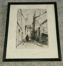 Antique Etching Print Paris Rue St Rustique Signed Framed
