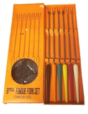 Vintage Boxed Set of 6 Fondue Forks Stainless Steel JAPAN Multicolor GROOVY