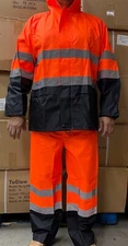 Orange Safety Rain-suit, Rain Jacket With Hoodie and Rain Pants 