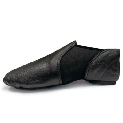 Slip On Jazz Dance shoes Girls, Black Leather & Neoprene Split sole Rubber heel