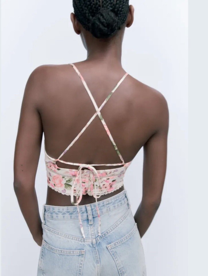 Zara NWT Women's Large White Floral Halter Crop Top eBay