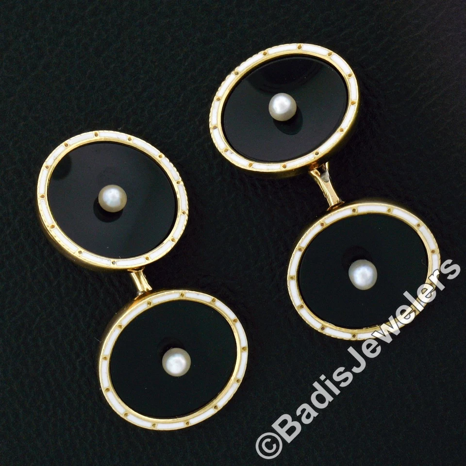 Антикварные мужские запонки из золота 14 карат с черным ониксом и натуральным жемчугом и белой эмалью - Изображение 2 из 4