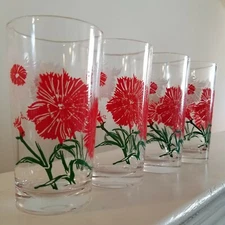 4 Vintage Boscul Peanut Butter Glass Dianthus Pink Floral 5" 10oz. Glass Tumbler