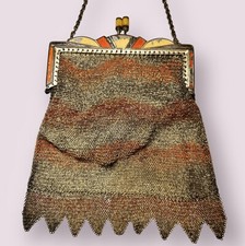 1920s Antique Edwardian Chainmail Mini Enamel Coin Purse Pouch Art Deco Design B