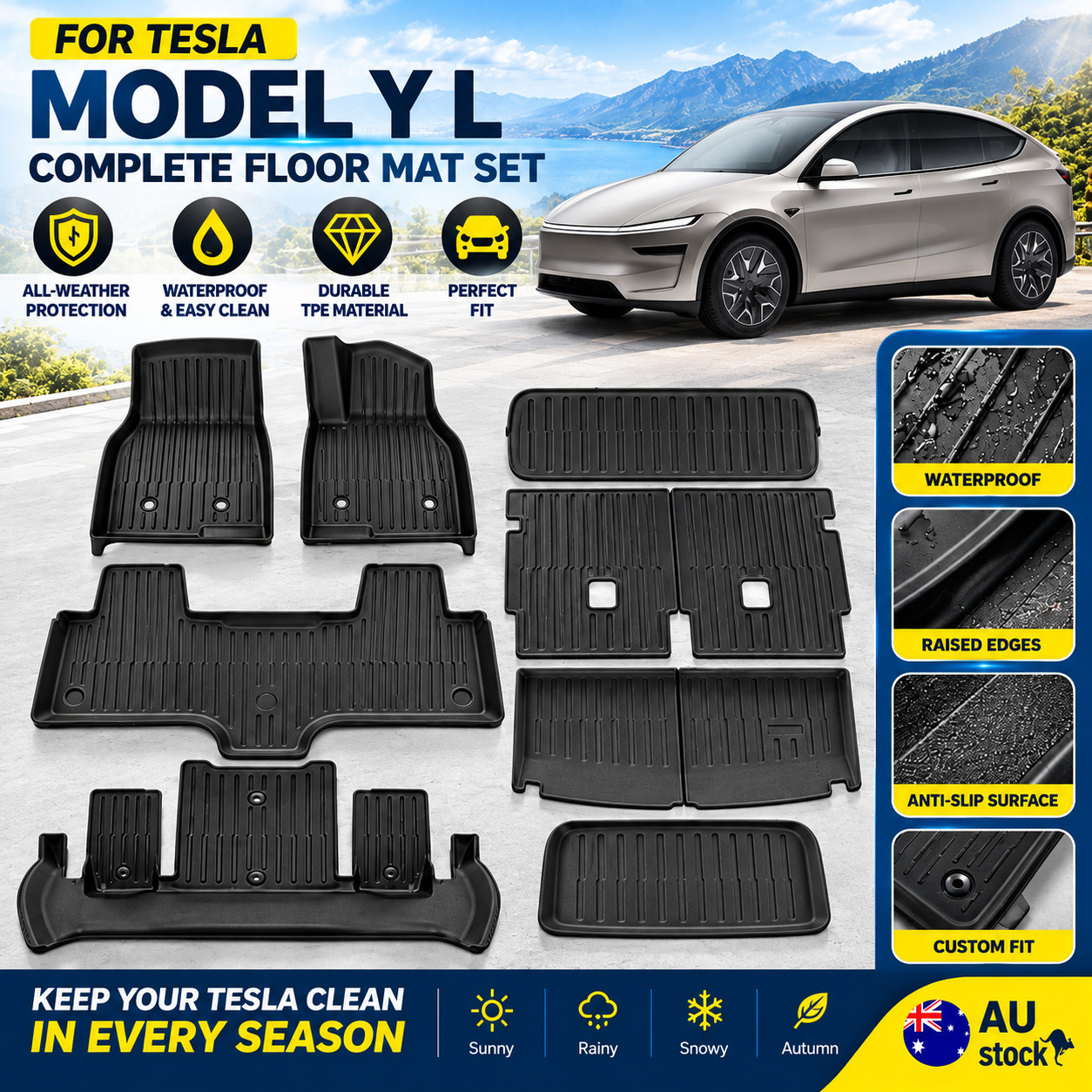 Tesla Model YL 6 Seat Boot Liners 3-Pcs All-Weather Floor Mats 2026-Current