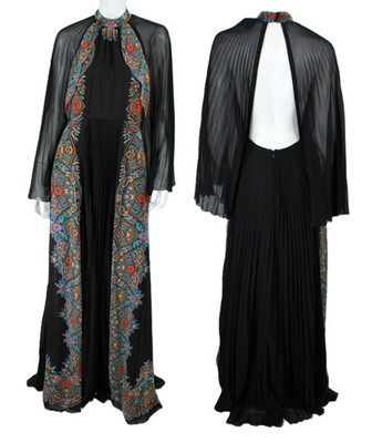 ETRO $3,995 Black & Multi Pleated Chiffon Cape Sleeve Backless Maxi Gown 42 NEW