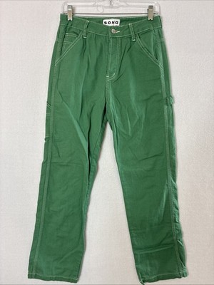 SONG Cargo Pants Women s 5/27 Green Contrast Stitch Carpenter  100% Cotton