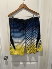 Vintage Billabong Blue  Yellow Swim Shorts Built-In Bottle Opener Size 36  