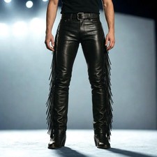 Men's Black Leather Fringe Pant Western Cowboy Biker Gothic Rock Slim Fit