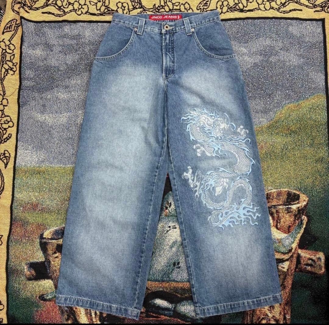 Grail Vtg 90s JNCO JEANS Dragon Embroidered Wide Leg Denim Pants 30x30 Y2K