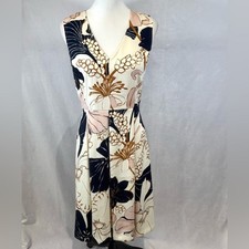 Ann Taylor white navy pink and copper blossom floral pleated flare dress size 4