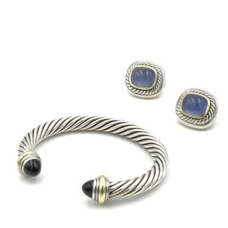 David Yurman Sterling 14K Onyx Chalcedony Cable Cuff Earrings Lot of 2 #S5301 1