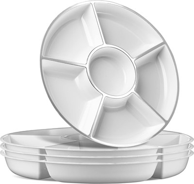 6 Sectional round Plastic Serving Tray/Platters White & Silver Pack of 2