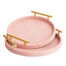 Modern Decorative Tray, Set of 2 Round Shagreen Serving Tray with Gold Polish...