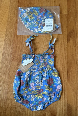 NWT Angel Dear Muslin Bubble Romper & Sun Hat Wild Daisies Floral Girls 12-18 Mo