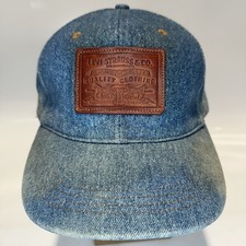 Vtg 80s 90s Levi  s Leather Patch Hat Cap Denim Leather Strapback Faded RARE