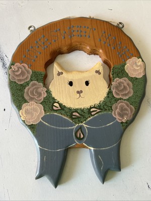J.D.I. Inc English Roses Cat Wood Folk Art Wall Door Hang Hand Painted Signed