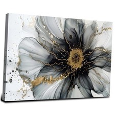 Black and White Flowers Abstract Wall Art Black 36"L x 24"W Black Gold Flower