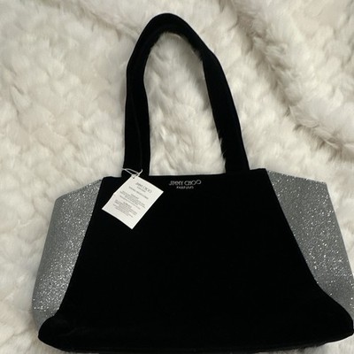 Jimmy Choo Black & Silver Glitter Tote Bag, Lined Open Top, Double Handles