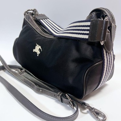 Burberry Blue Label Black Leather Nylon 2way Crossbody Horse Embroidery Auth