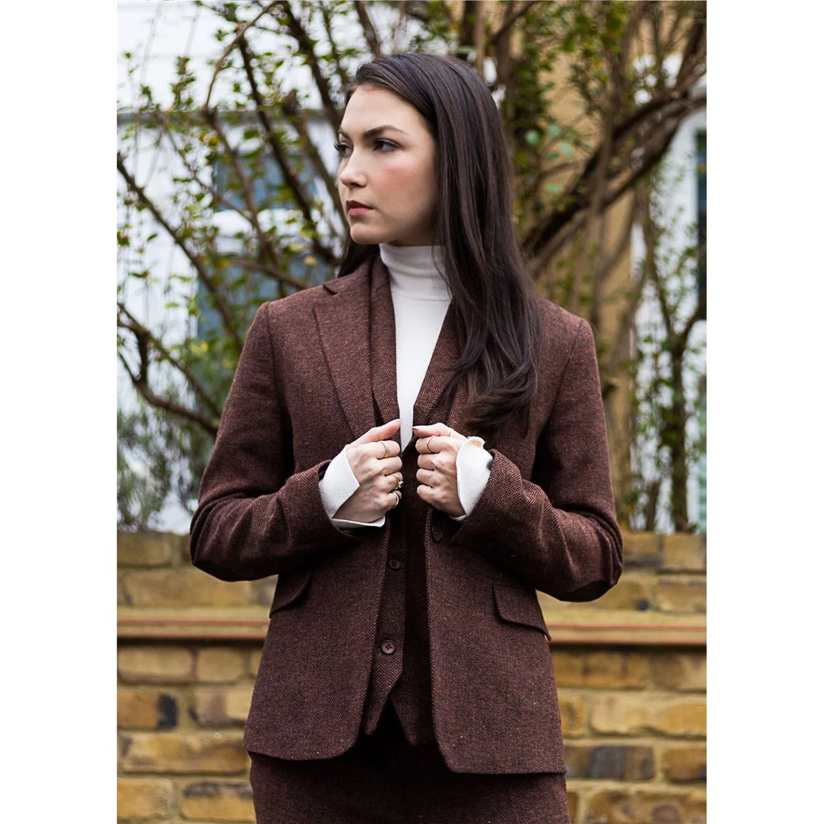 Women’s Brown Piece Set Wool Tweed Waistcoat Vintage Style Wool Tailored  Fit