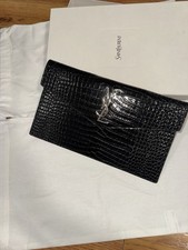 Saint Laurent YSL Black Croc Embossed Leather Envelope Clutch Wallet With Box