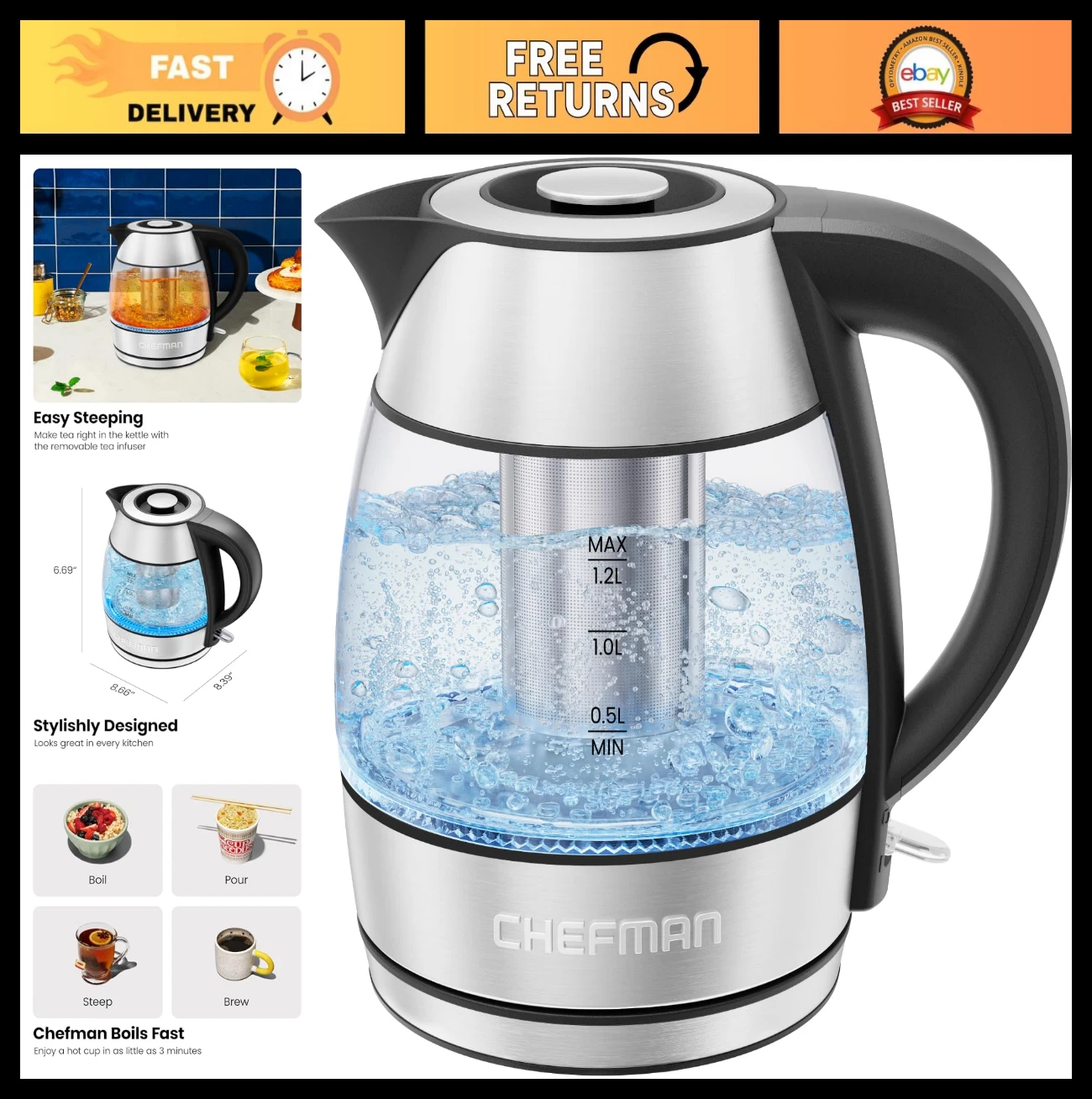 1.2L Electric Kettle - 1500W Cordless Glass Tea Pot with Infuser, BPA Free, Auto
