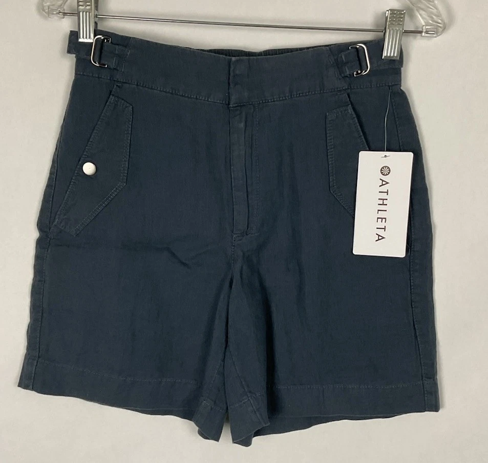 Womens Athleta Shorts Voyager Linen Sz 0 Granite Blue Pockets Elastic Waist New