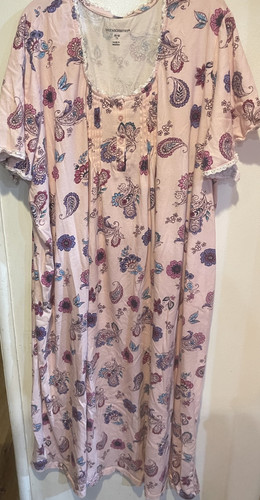 Only Necessities Size 5X (38-40) Women's Pink Paisley Long Nightgown Lace Trim