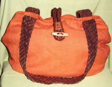 "BENETTON" Leinen Schulter Tasche m. Leder Henkeln , orange-braun "SEHR GUT"