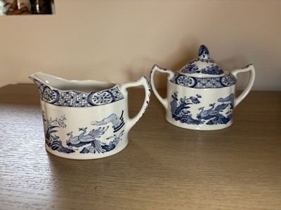 Vintage Furnivals Old Chelsea Blue & White Orientalisches Milchkännchen & Zuckerdose mit Deckel
