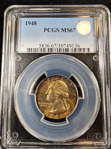 1948 WASHINGTON QUARTER PCGS GRADED MS67 MEGA TONER TONED OBVERSE 25C