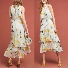 Anthropologie Garden Party Pleated Floral Halter Tiered Midi Dress Boho Romantic