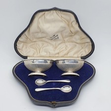Set of Victorian & Art Deco Sterling Silver Open Salt Dishes & Spoons