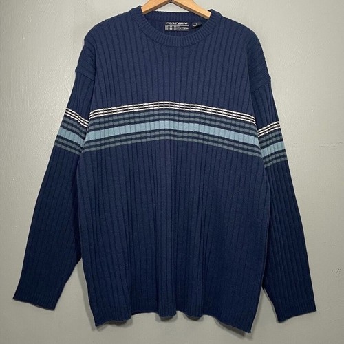 Point Zero Sweater Mens Size Large Blue Stripe Skater Preppy Ribbed Knit 90s Y2K