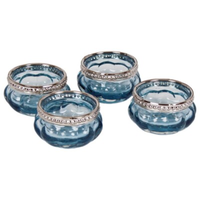 4 Stück T-Hellblau Gerippt Metallrand Vintage Glas Teelicht Kerzenhalter Hochzeit