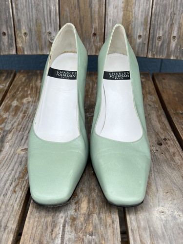 Scarpe decolte Charles Jourdan Seafoam verdi tacco grosso blocco tacco alto taglia 9 rare - Foto 7 di 9
